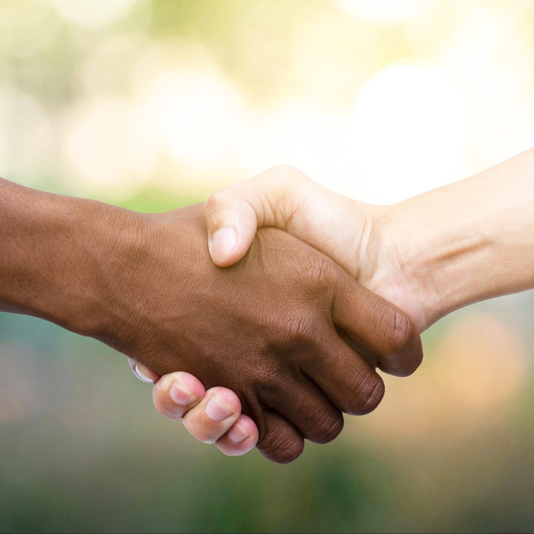 Closeup, Men shaking hands in natural background, friendship con