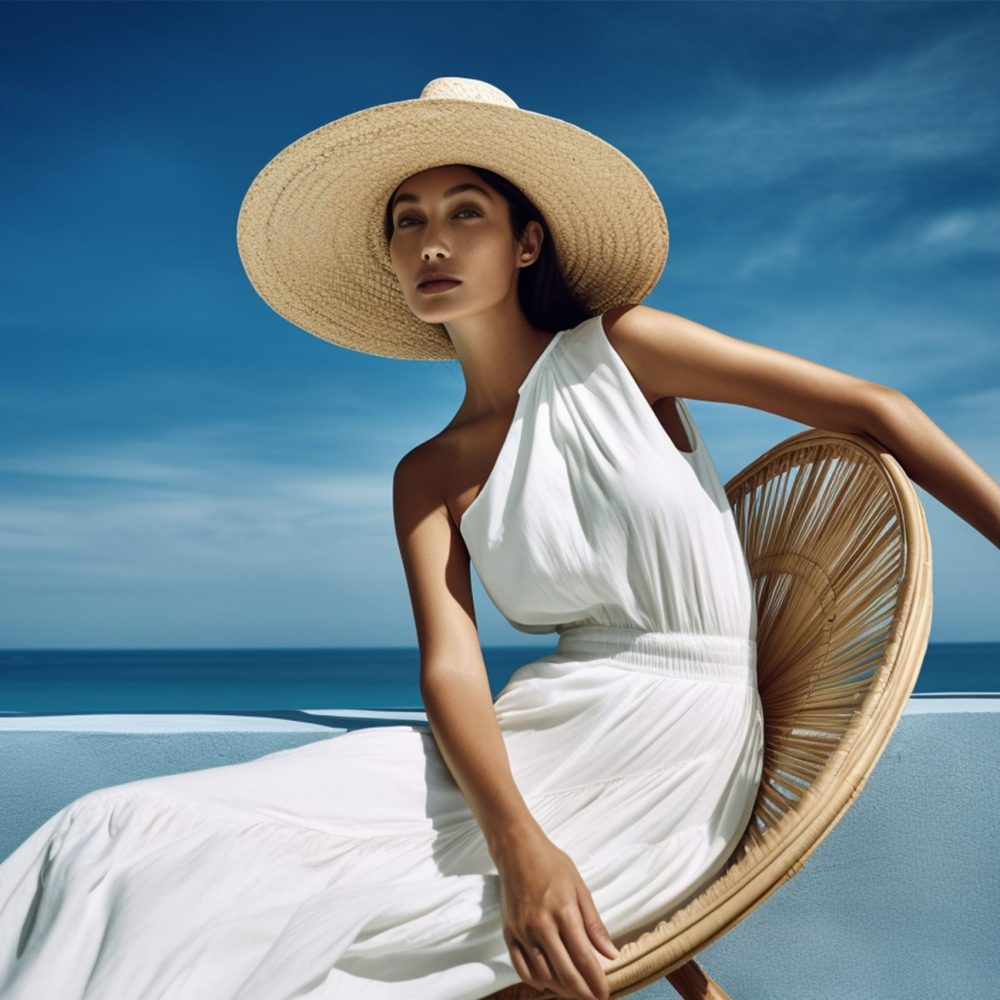 Beautiful spectacular young woman model in a white dress and hat