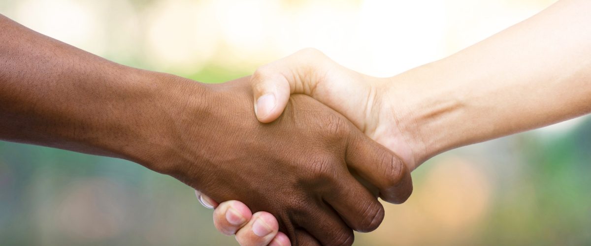 Closeup, Men shaking hands in natural background, friendship concept.